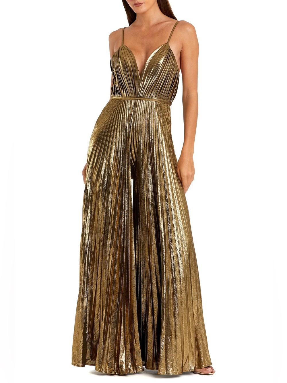 Mac Duggal metallic gold pleated jumpsuit